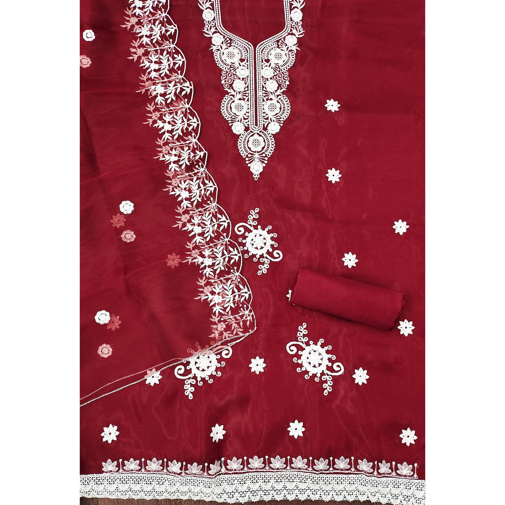 Maroon Floral Embroidered Organza Dress Material