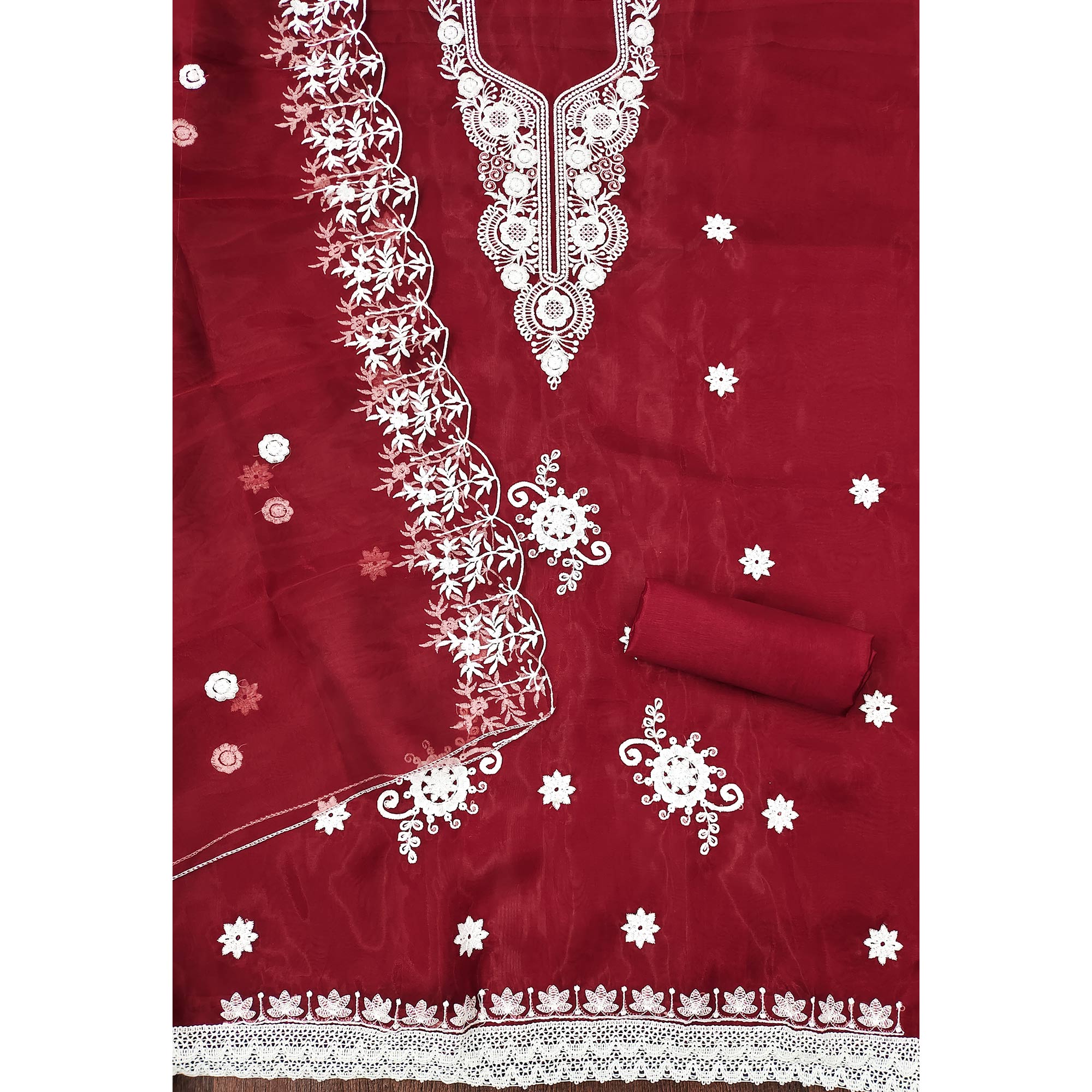 Maroon Floral Embroidered Organza Dress Material