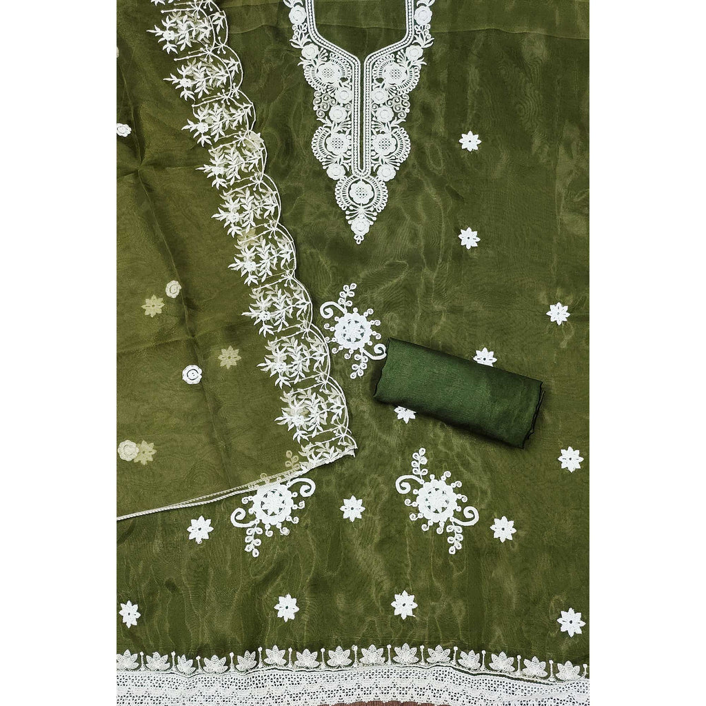 Mehendi Green Floral Embroidered Organza Dress Material