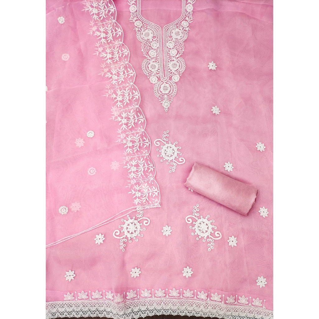 Pink Floral Embroidered Organza Dress Material