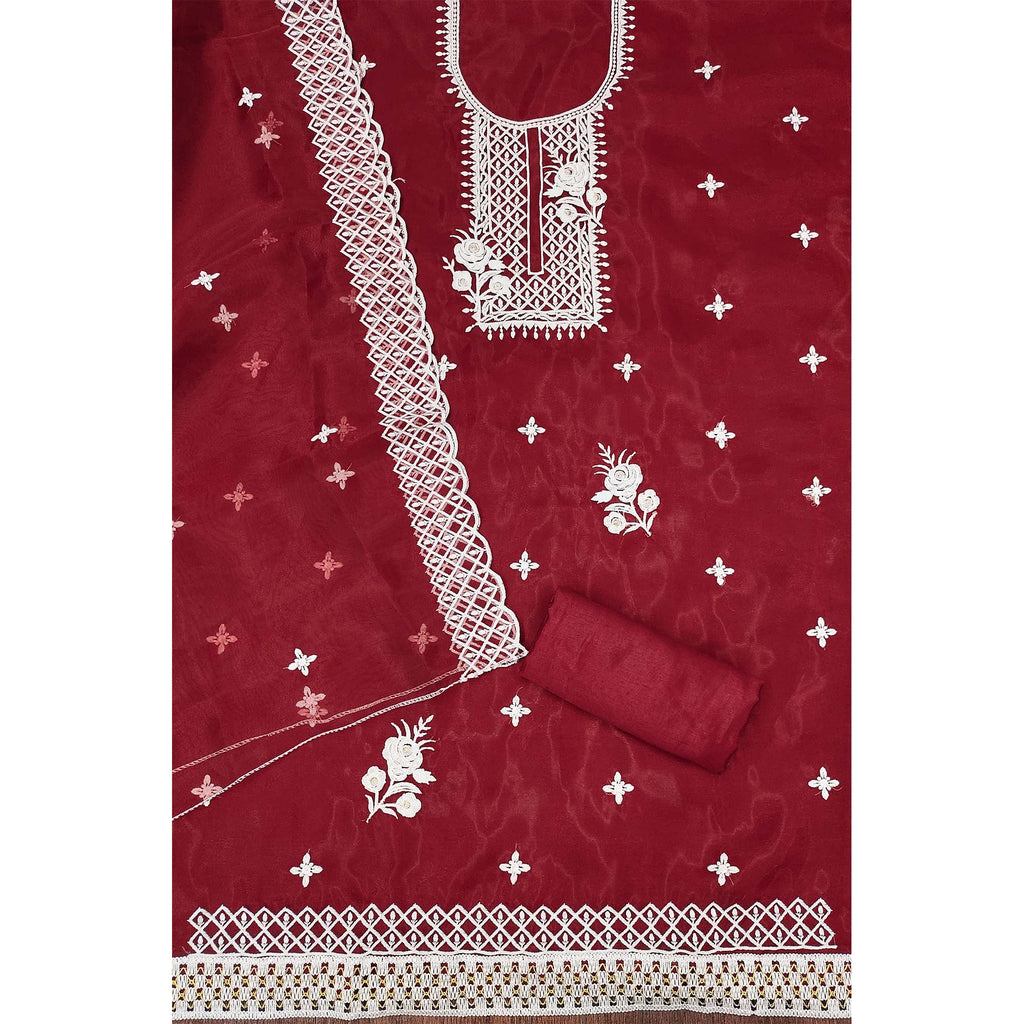 Maroon Floral Embroidered Organza Dress Material