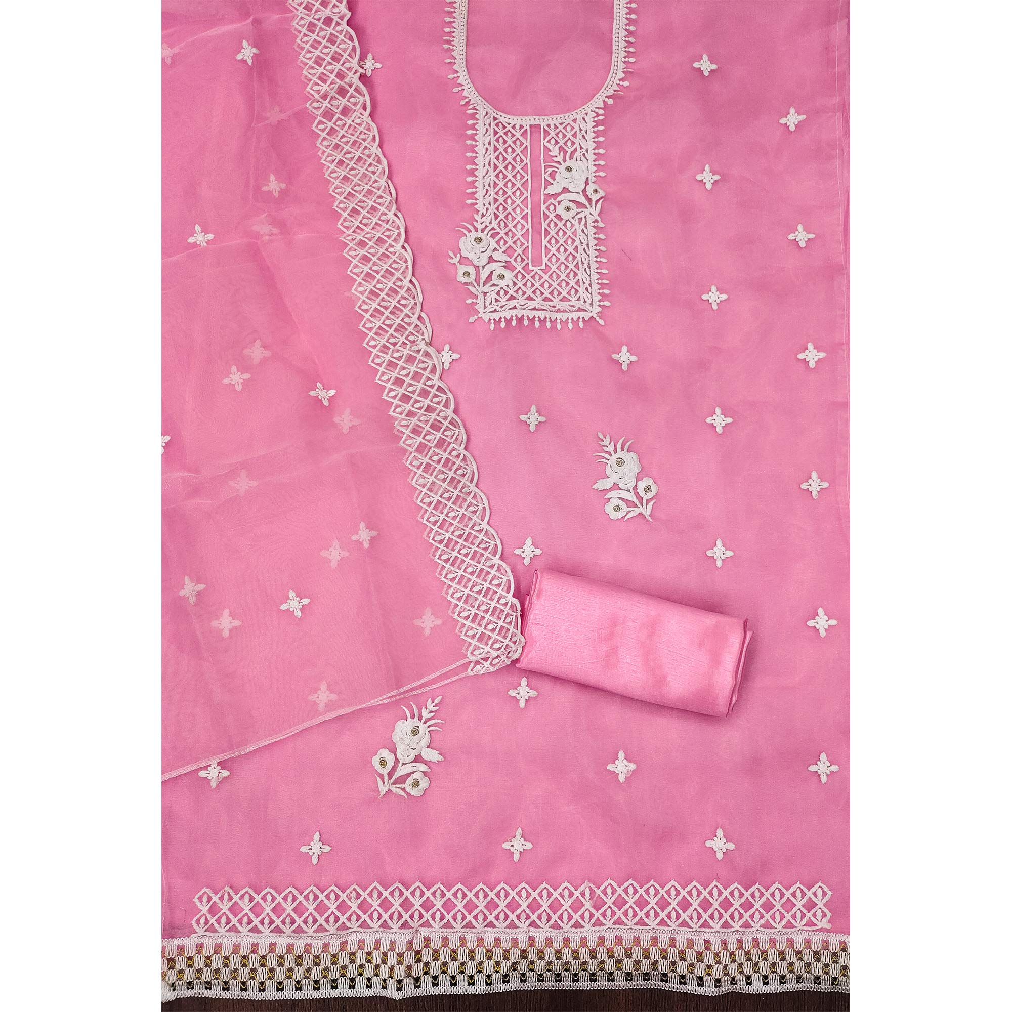 Pink Floral Embroidered Organza Dress Material