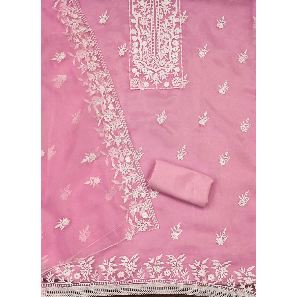 Pink Floral Embroidered Organza Dress Material