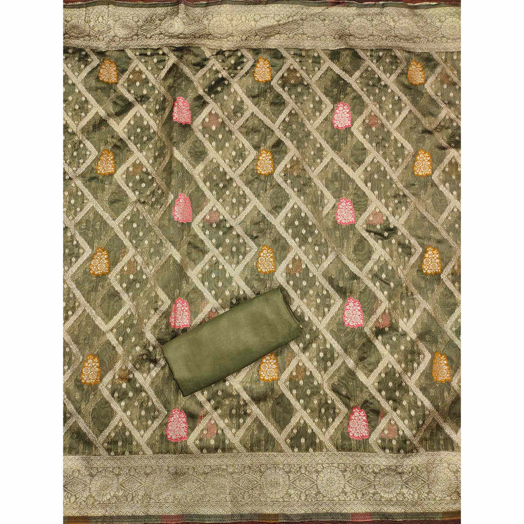 Green Floral Woven Jacquard Dress Material