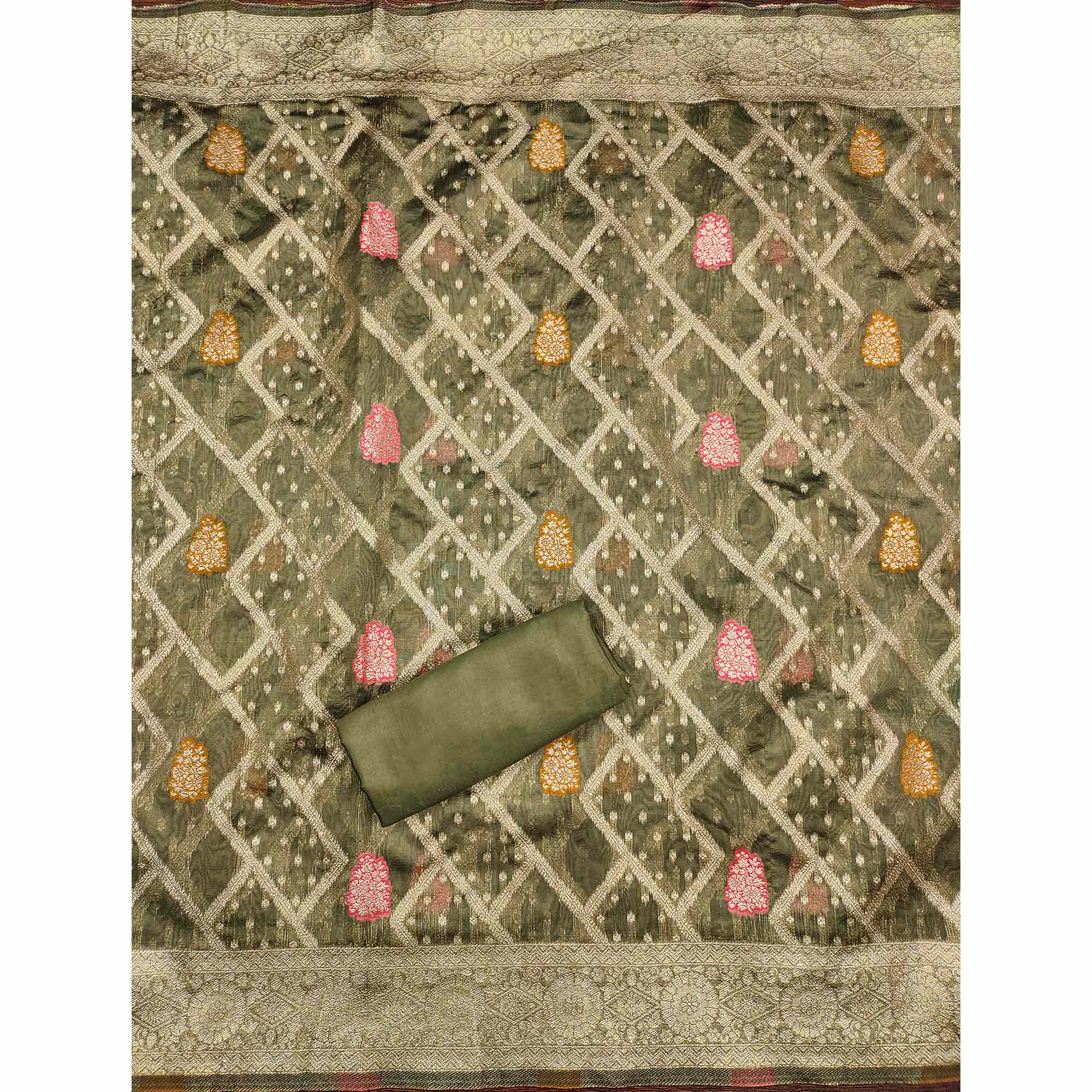 Green Floral Woven Jacquard Dress Material