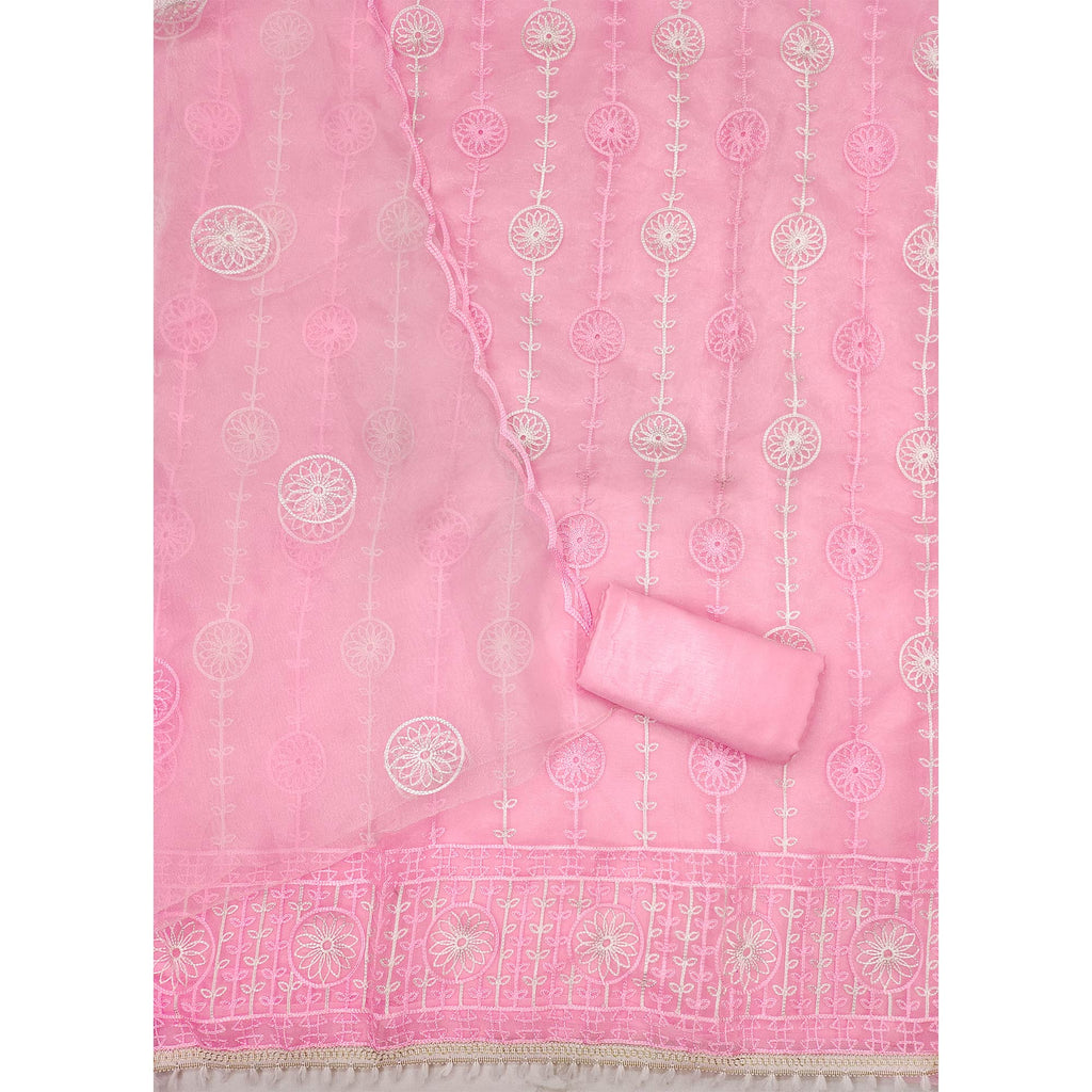 Pink Floral Embroidered Organza Dress Material