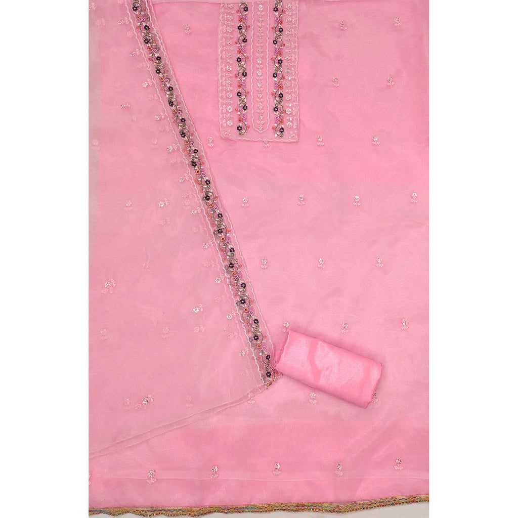 Pink Floral Sequins Embroidered Organza Dress Material