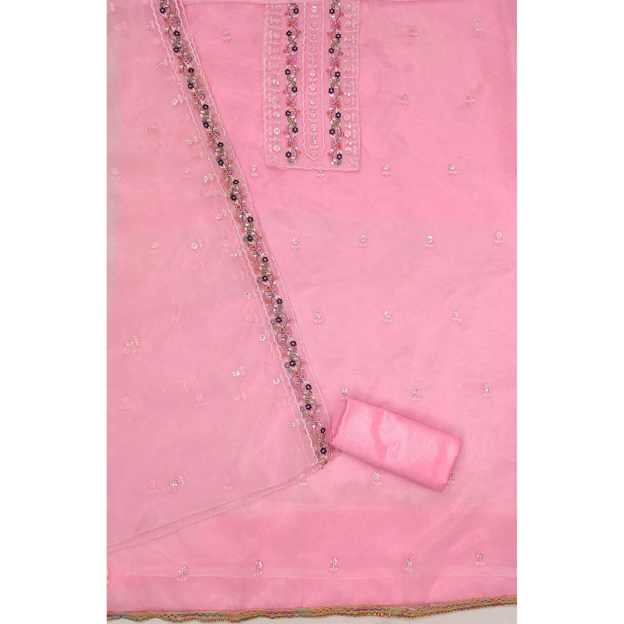 Pink Floral Sequins Embroidered Organza Dress Material