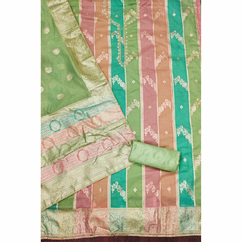 Green Floral Woven With Hand Embroidered Jacquard Dress Material