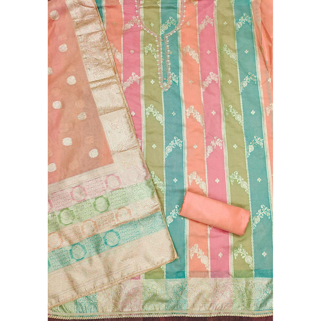 Peach Floral Woven With Hand Embroidered Jacquard Dress Material