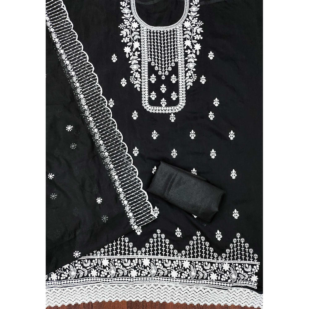 Black Floral Embroidered Chanderi Dress Material