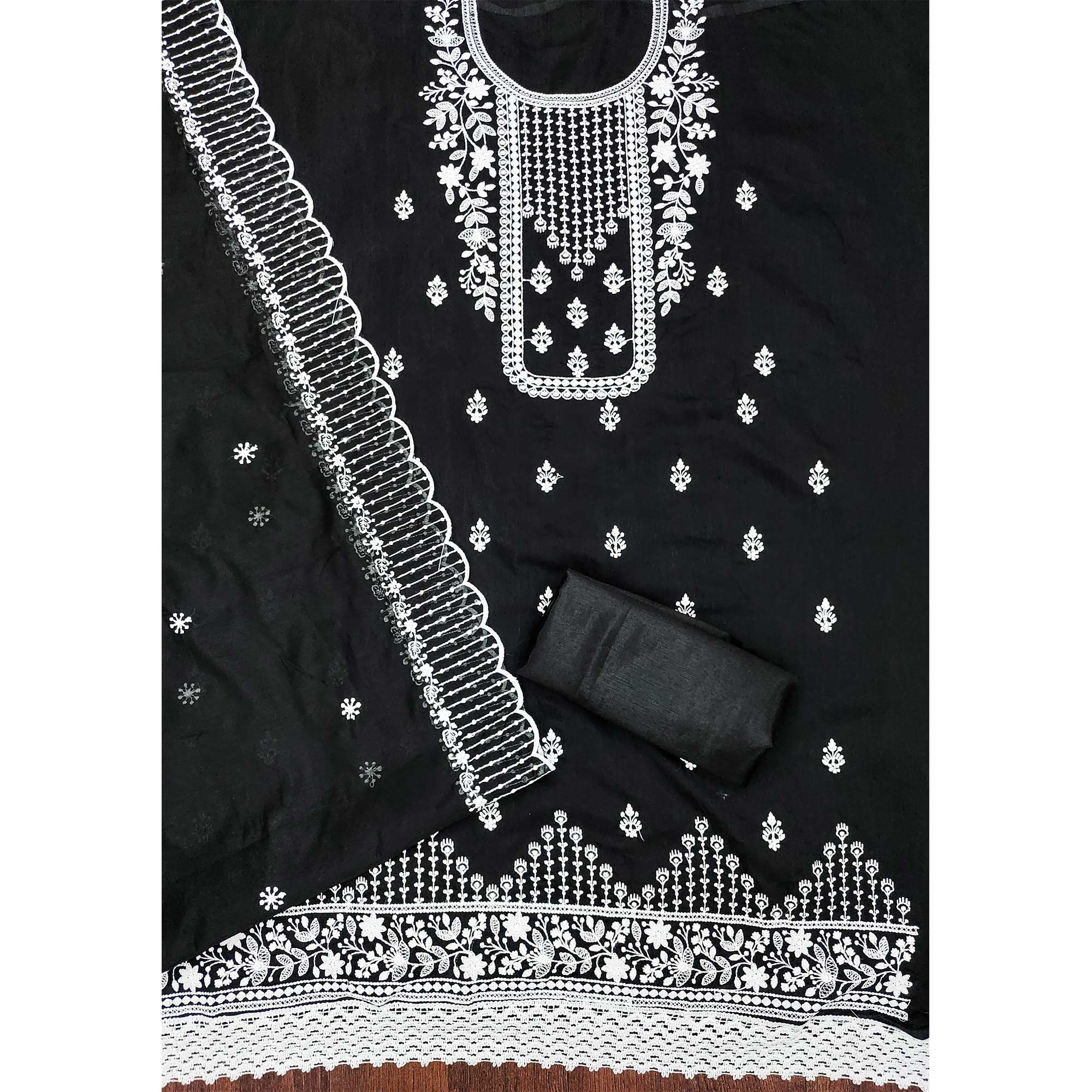 Black Floral Embroidered Chanderi Dress Material