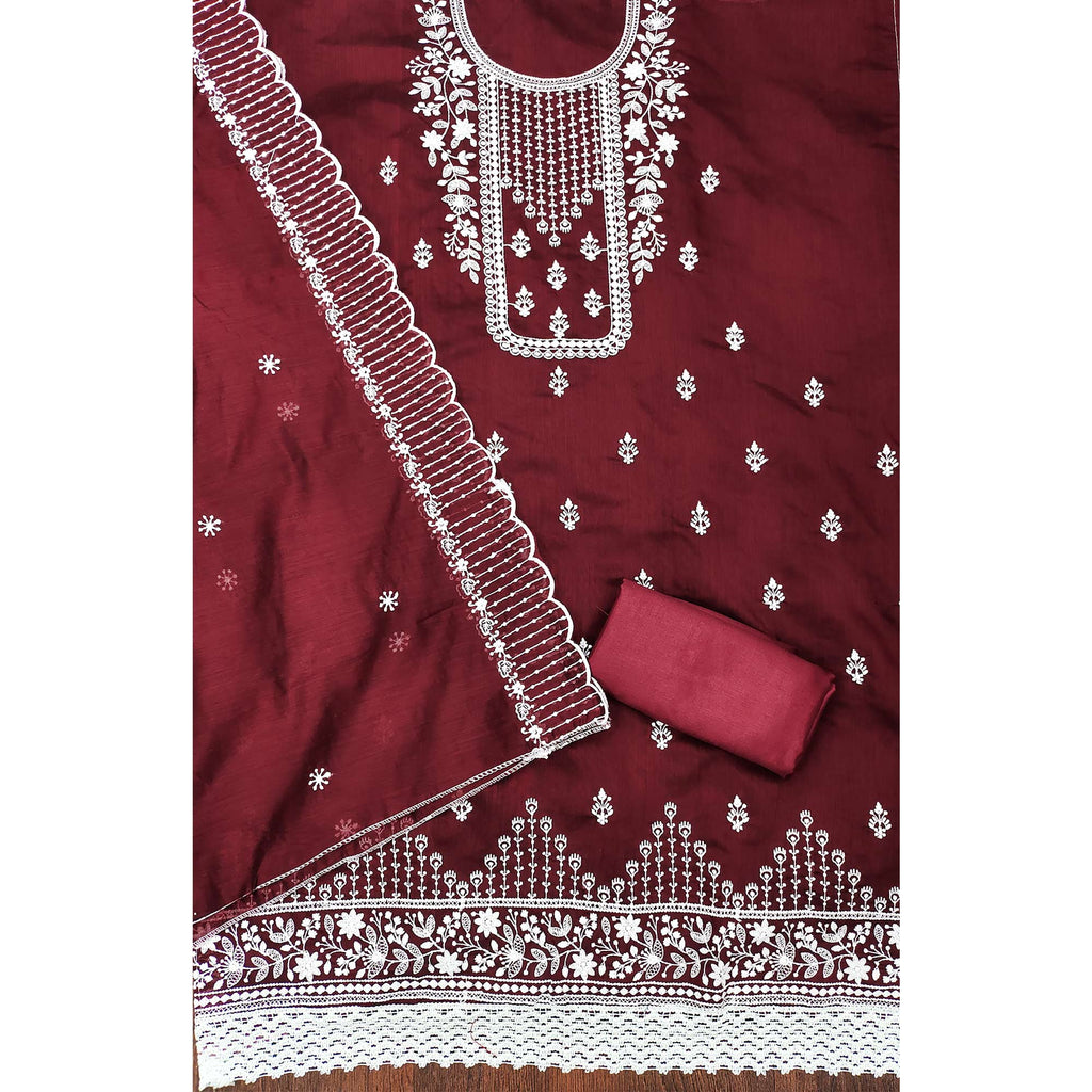 Maroon Floral Embroidered Chanderi Dress Material