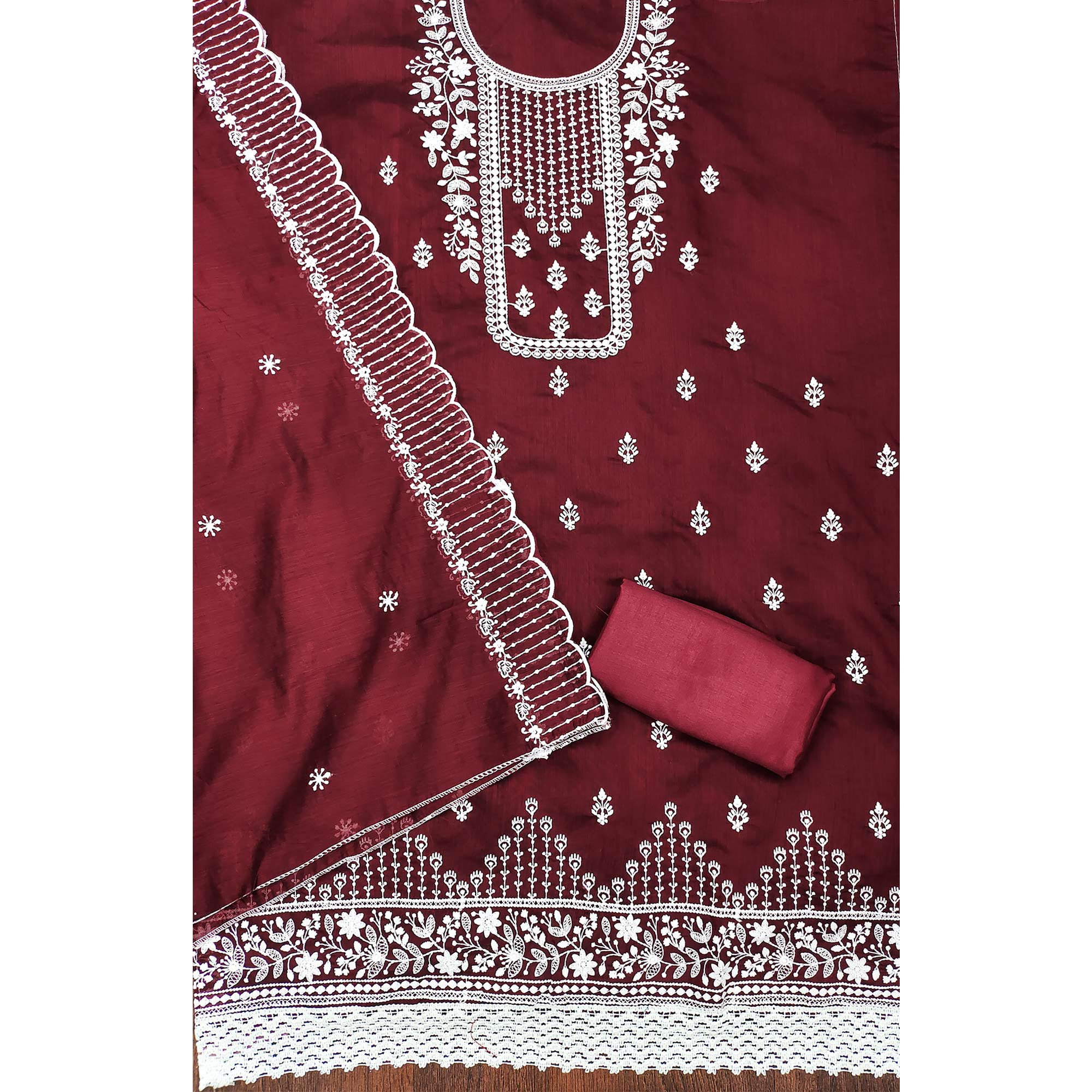 Maroon Floral Embroidered Chanderi Dress Material