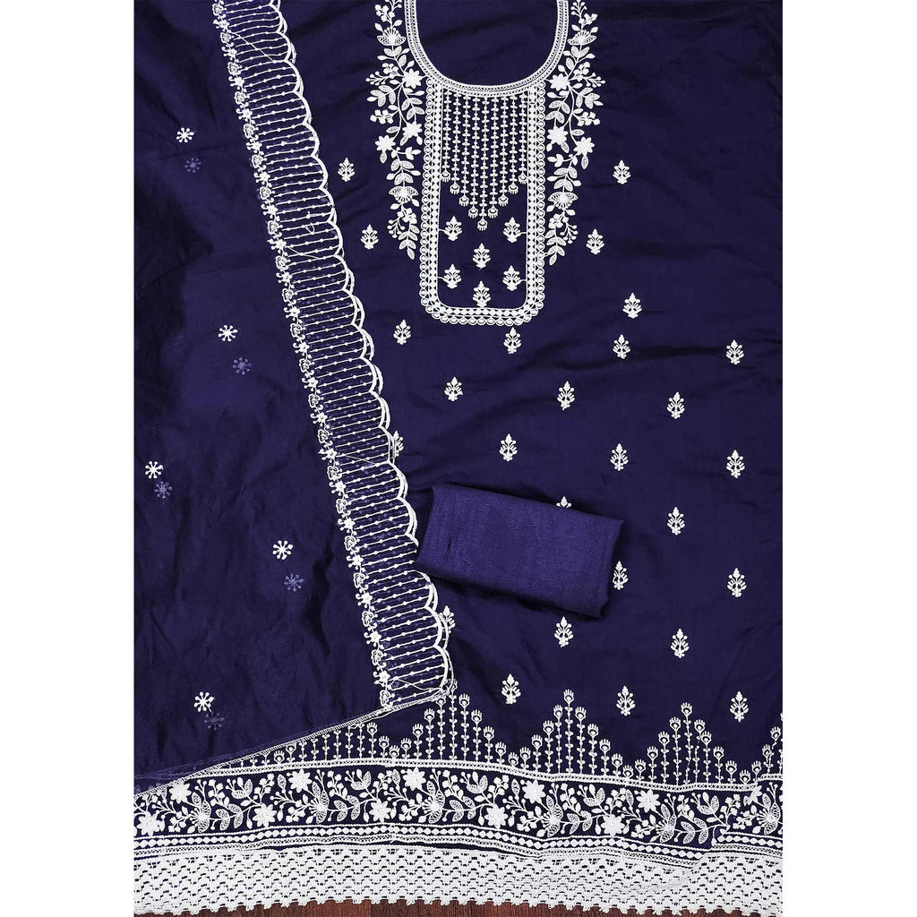 Navy Blue Floral Embroidered Cotton Dress Material