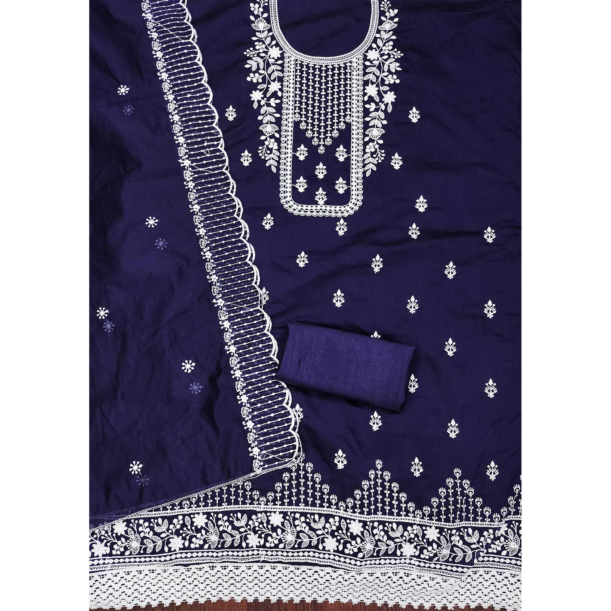 Navy Blue Floral Embroidered Cotton Dress Material
