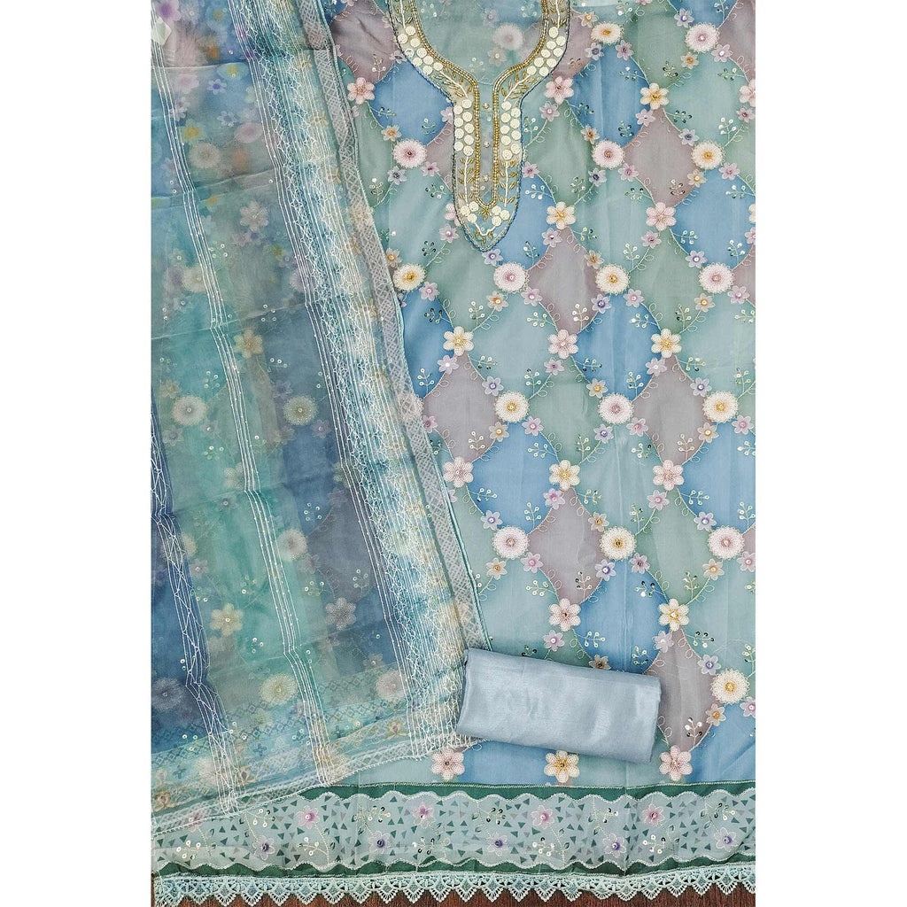 Blue Floral Sequins Embroidered Organza Dress Material