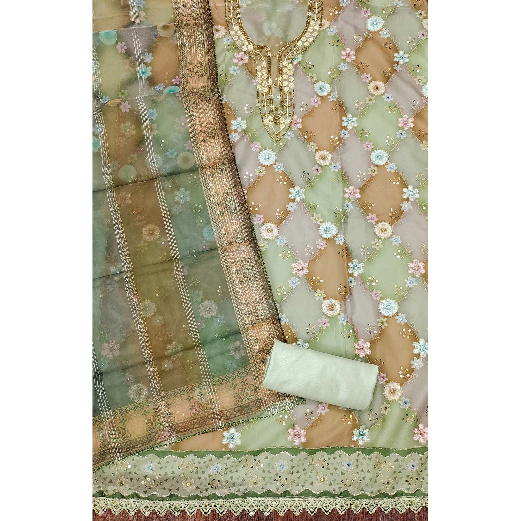 Green Floral Sequins Embroidered Organza Dress Material