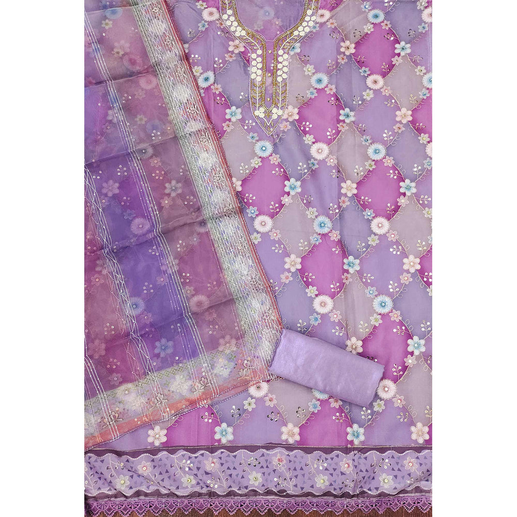 Lavender Floral Sequins Embroidered Organza Dress Material