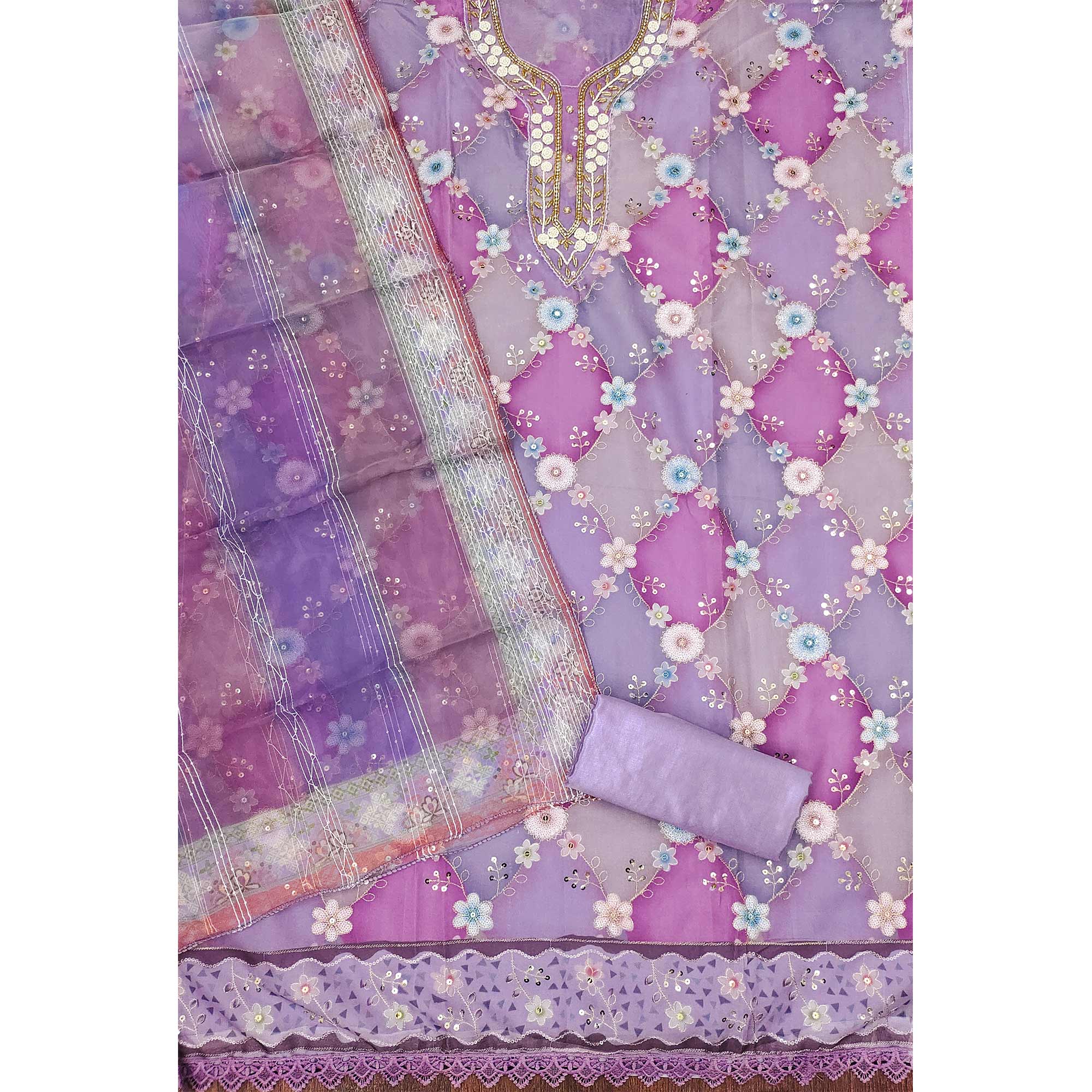 Lavender Floral Sequins Embroidered Organza Dress Material