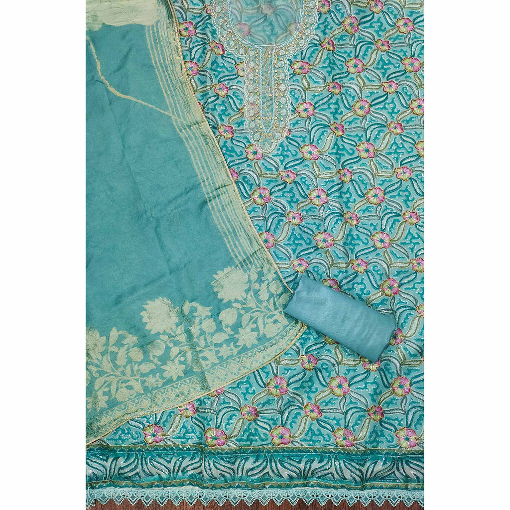 Blue Floral Sequins Embroidered Organza Dress Material