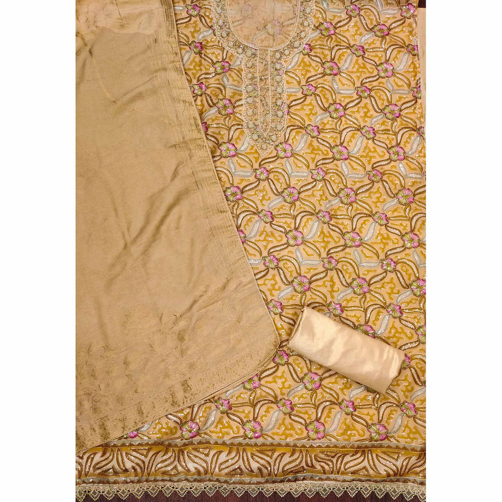 Chikoo Floral Sequins Embroidered Organza Dress Material