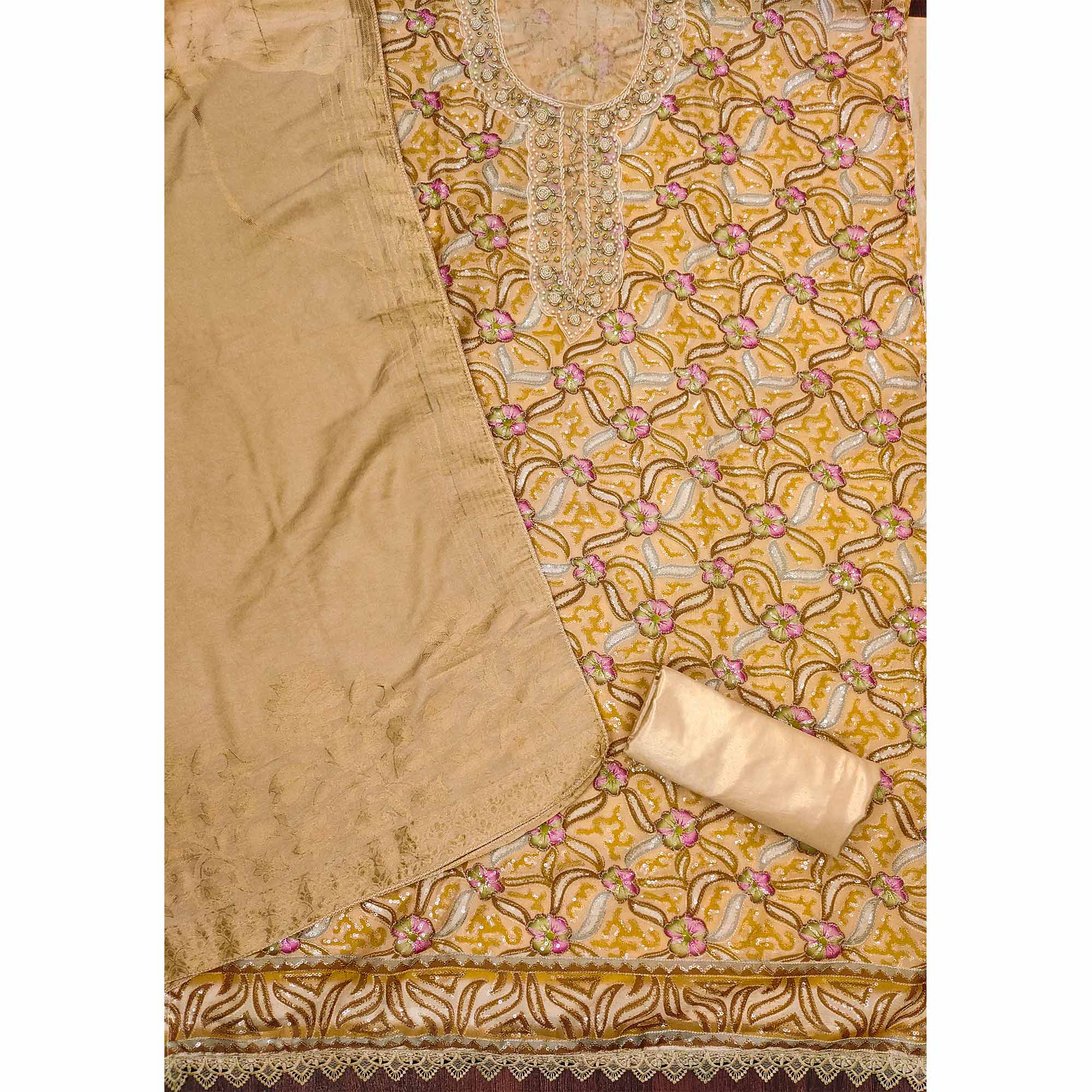 Chikoo Floral Sequins Embroidered Organza Dress Material