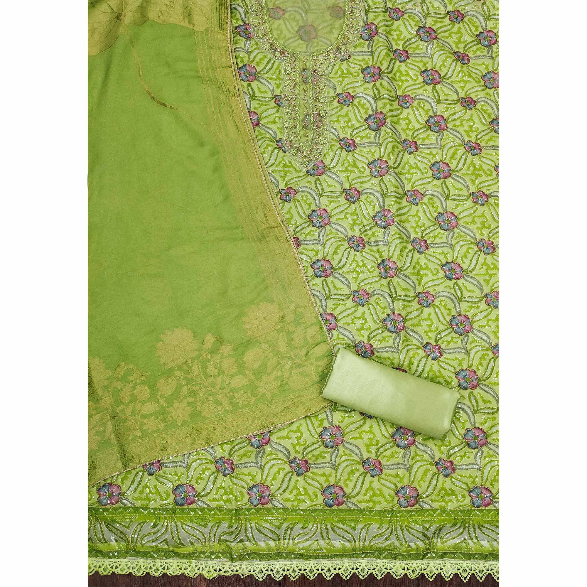 Green Floral Sequins Embroidered Organza Dress Material