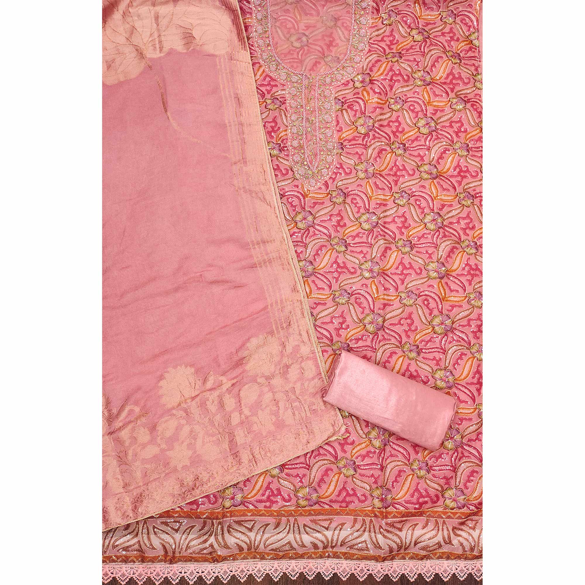 Pink Floral Sequins Embroidered Organza Dress Material