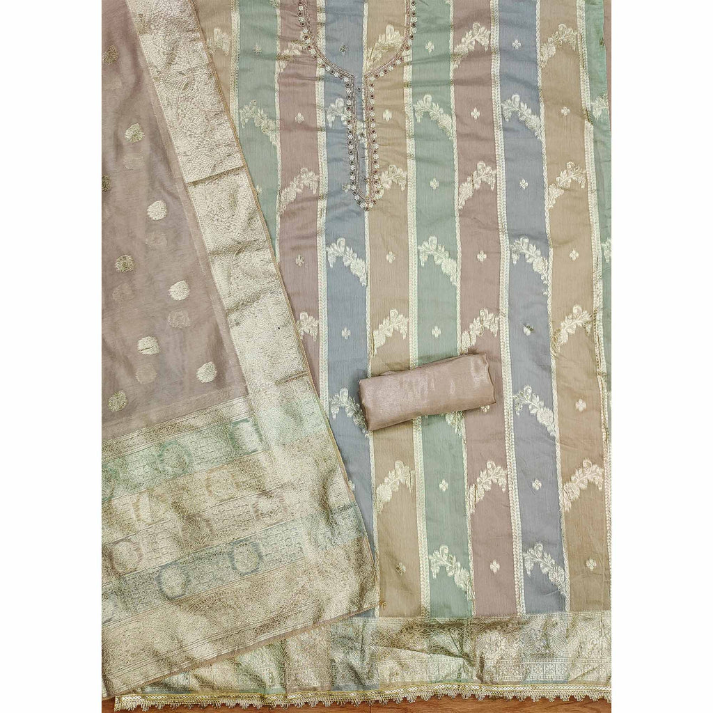 Beige Floral Woven With Hand Embroidered Jacquard Dress Material