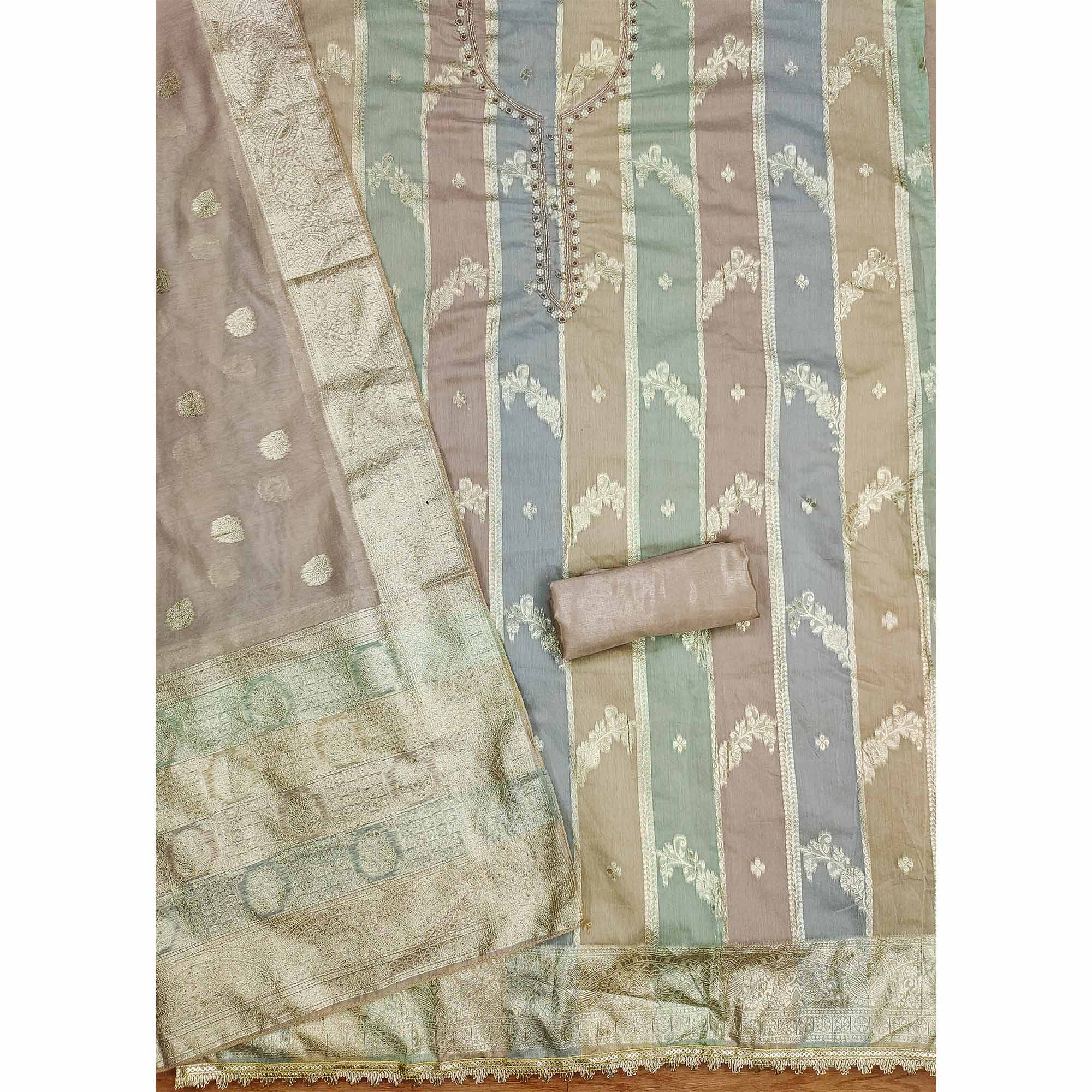 Beige Floral Woven With Hand Embroidered Jacquard Dress Material