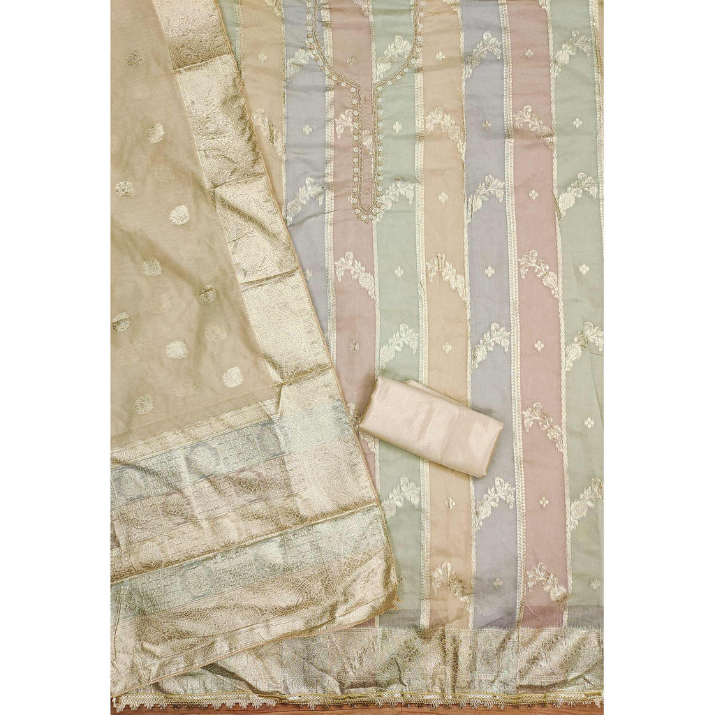 Chikoo Floral Woven With Hand Embroidered Jacquard Dress Material