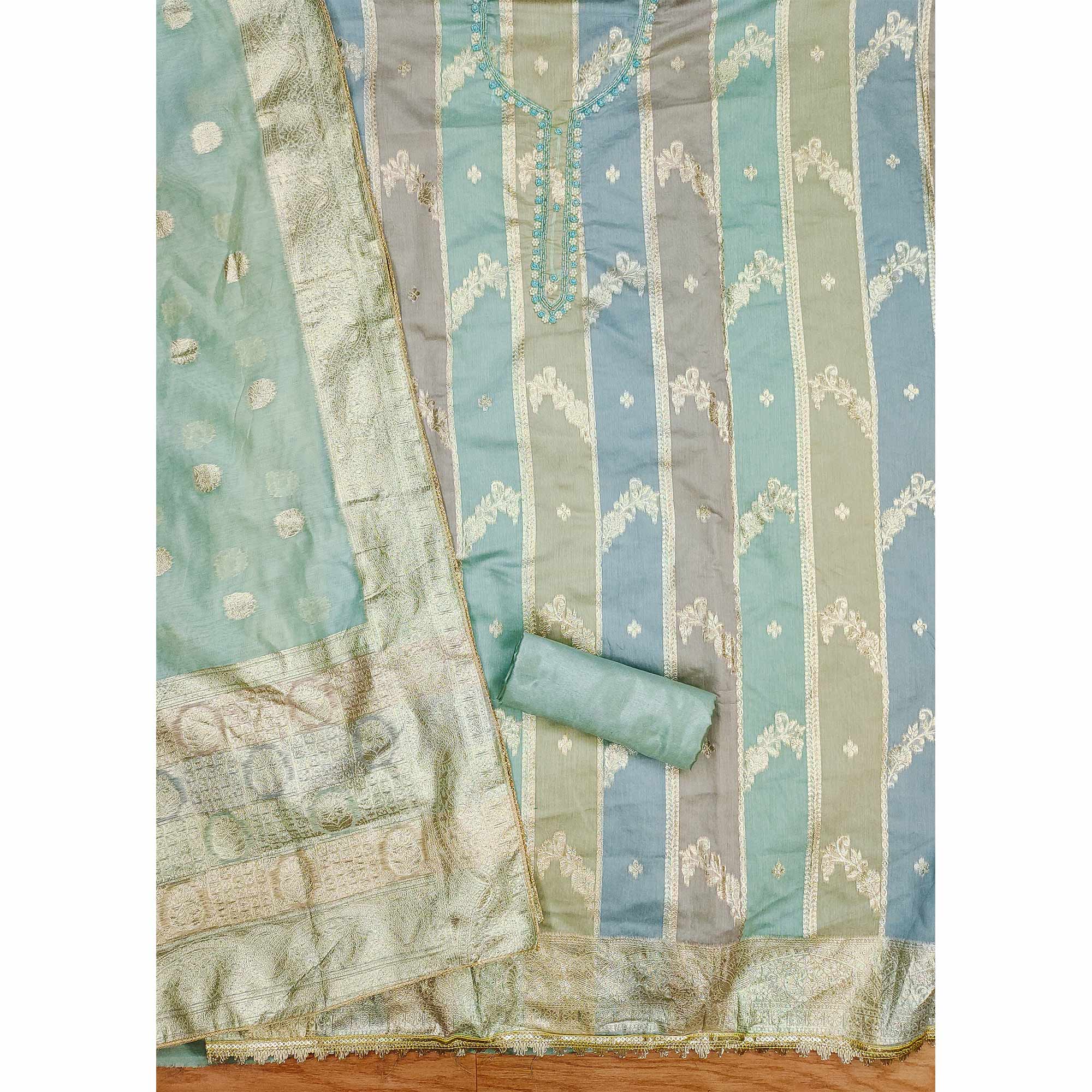 Green Floral Woven With Hand Embroidered Jacquard Dress Material