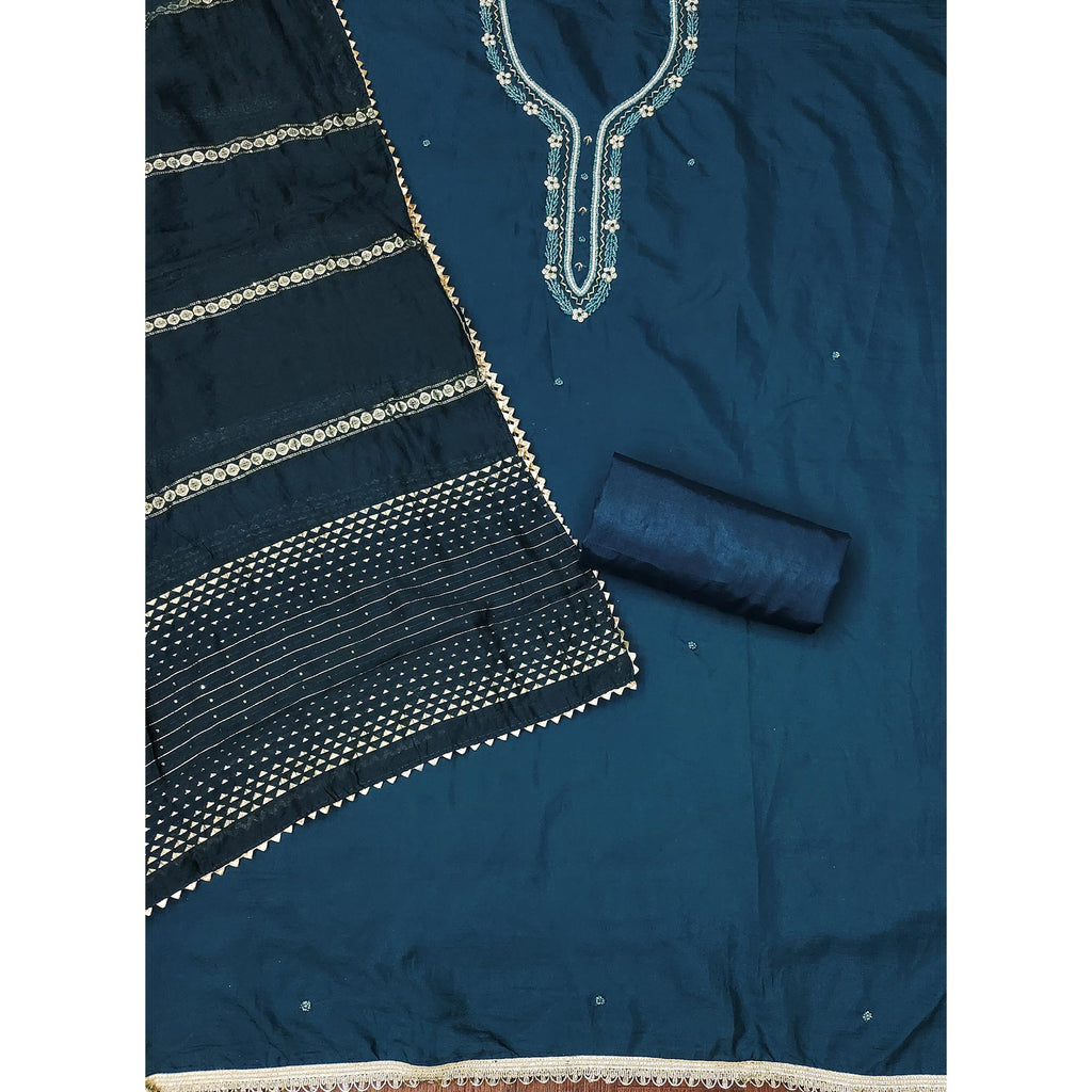 Blue Hand Embroidered Cotton Blend Dress Material