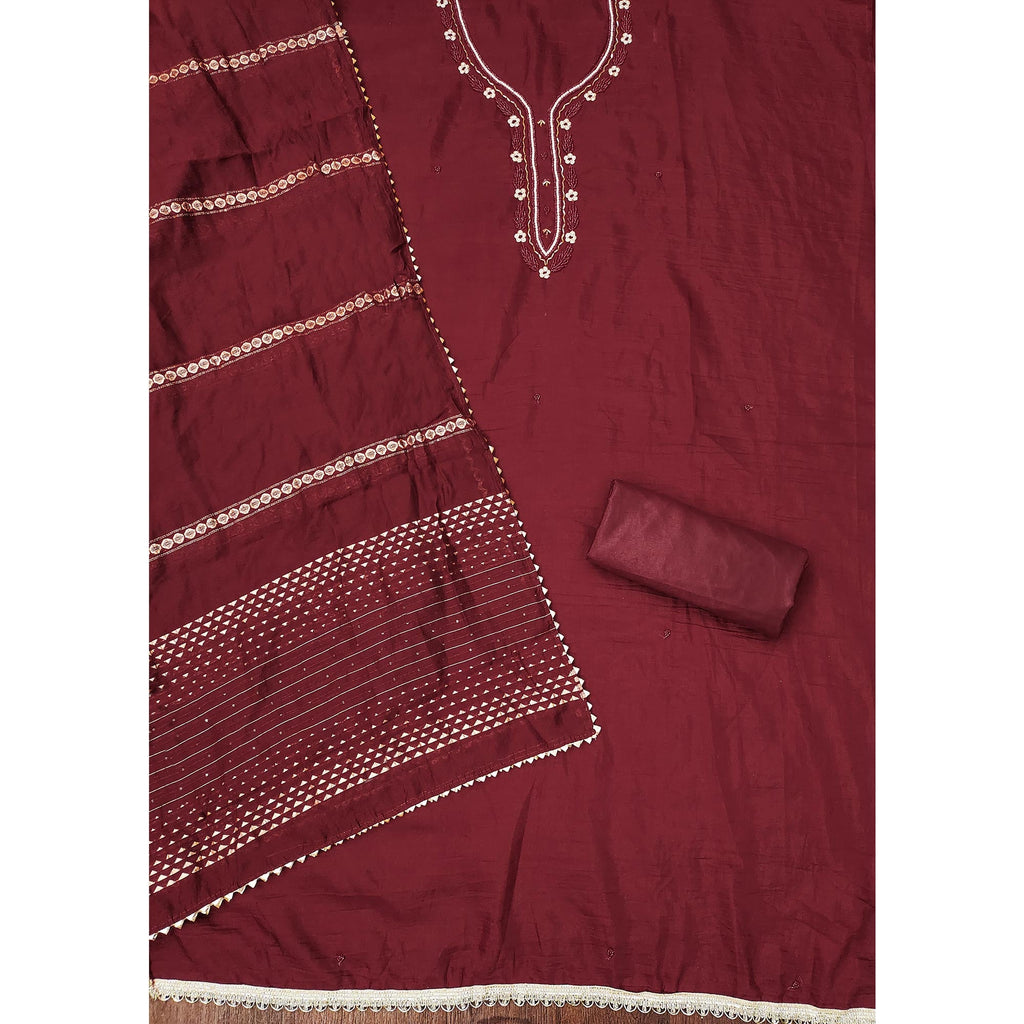 Maroon Hand Embroidered Cotton Blend Dress Material