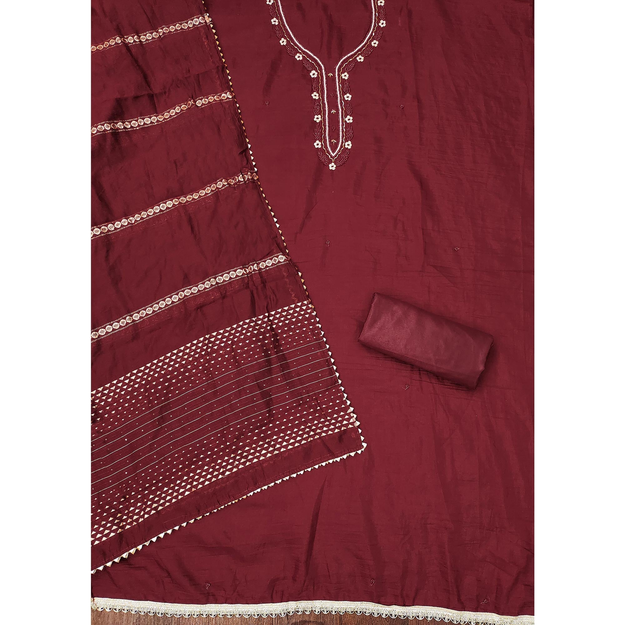 Maroon Hand Embroidered Cotton Blend Dress Material