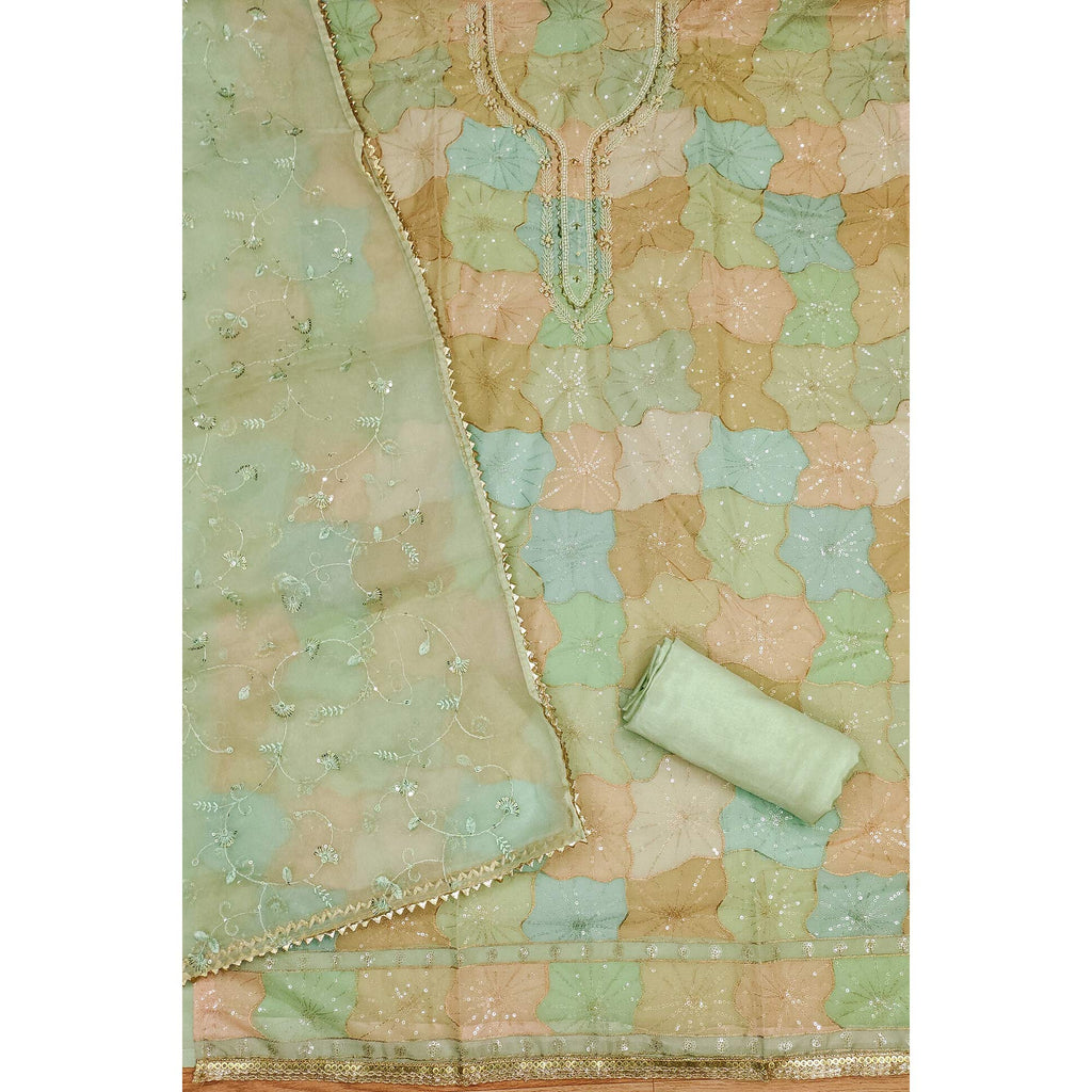 Green Sequin Embroidery With Handwork Organza Dress Material