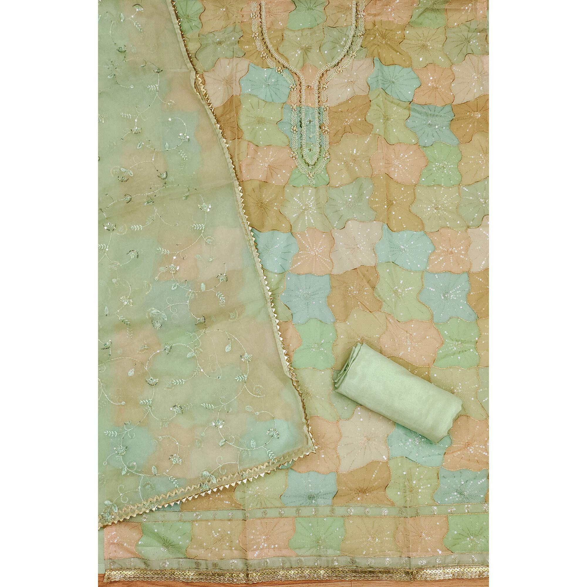 Green Sequin Embroidery With Handwork Organza Dress Material