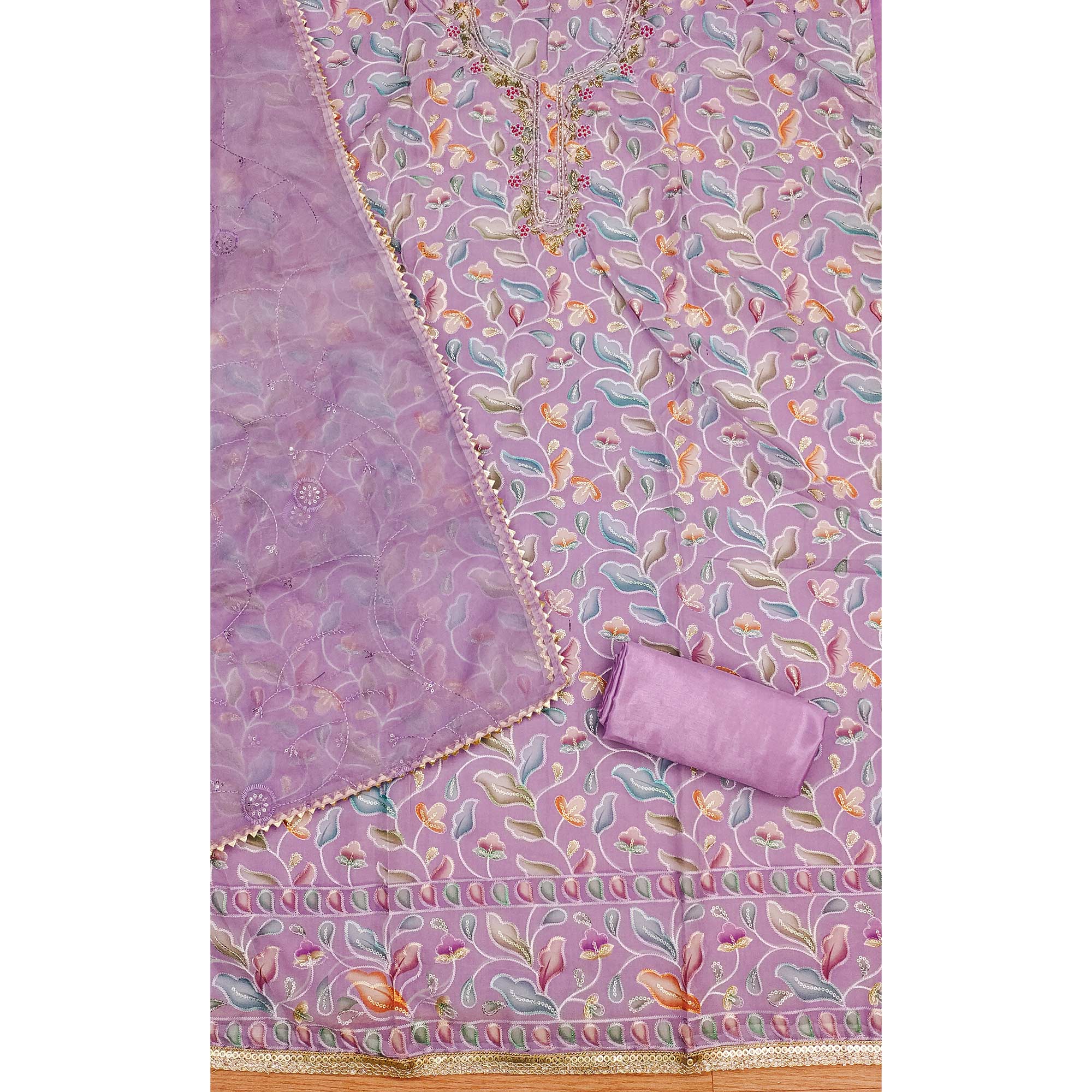 Light Purple Floral Printed With Hand Embroidered Organza Dress Material