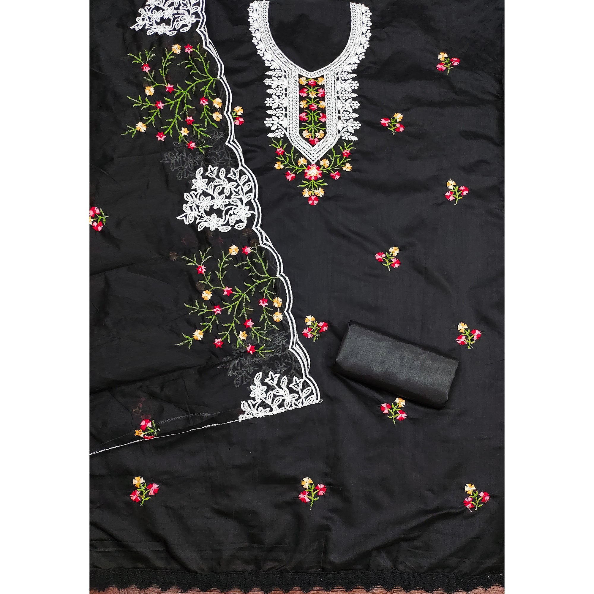Black Chanderi Cotton Dress Material With Elegant Floral Sequin Embroidery