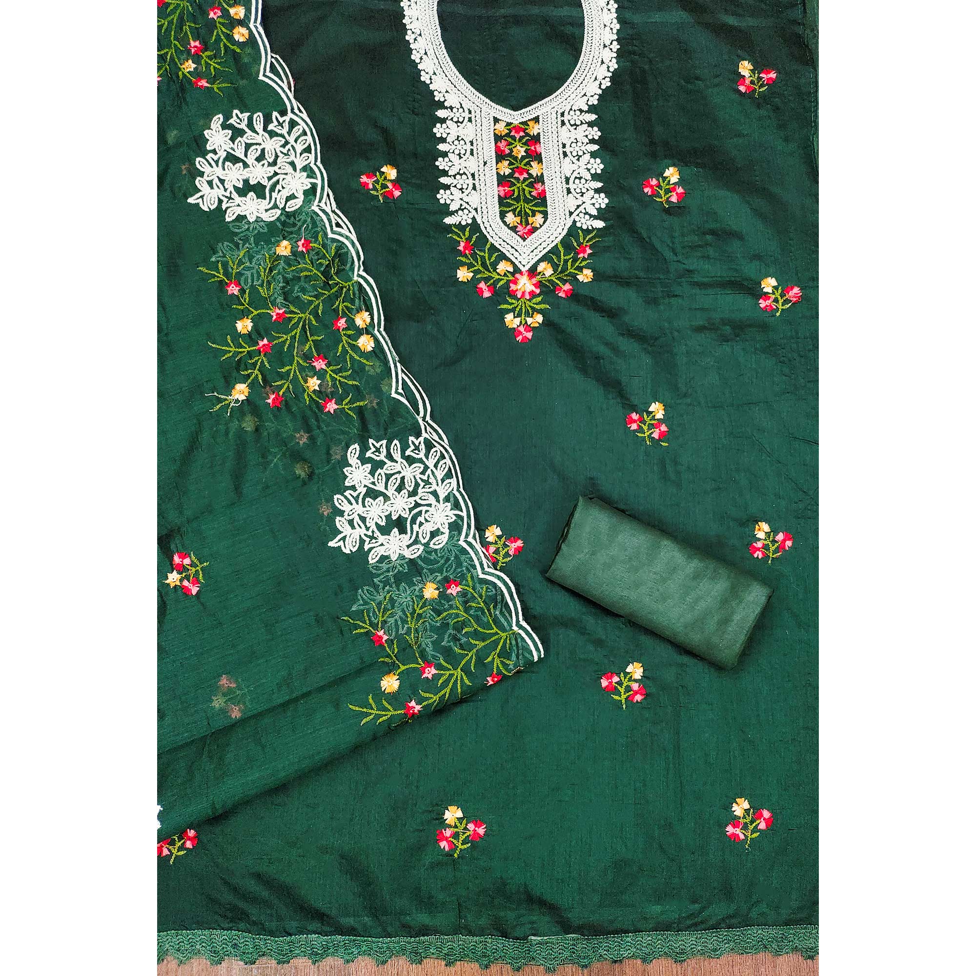 Green Floral Sequins Embroidered Chanderi Cotton Dress Material