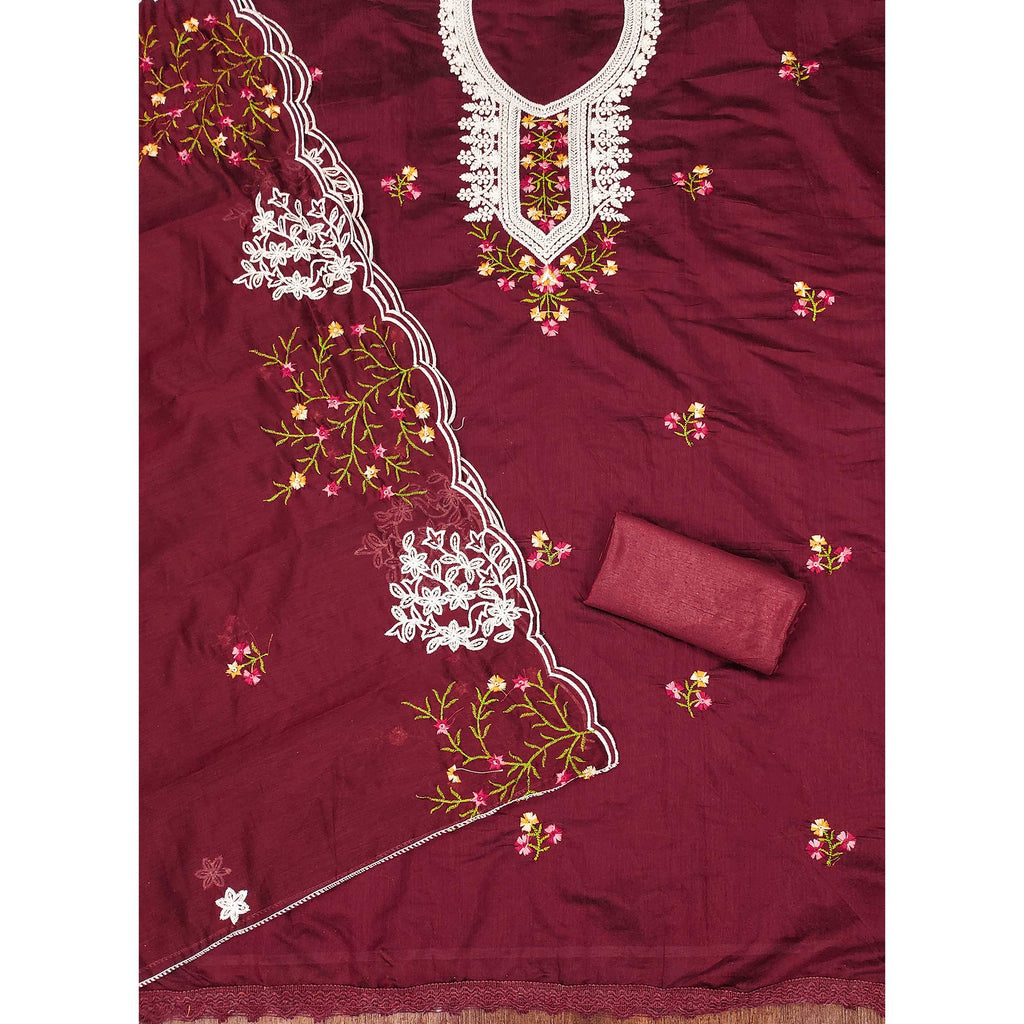Maroon Floral Sequins Embroidered Chanderi Cotton Dress Material
