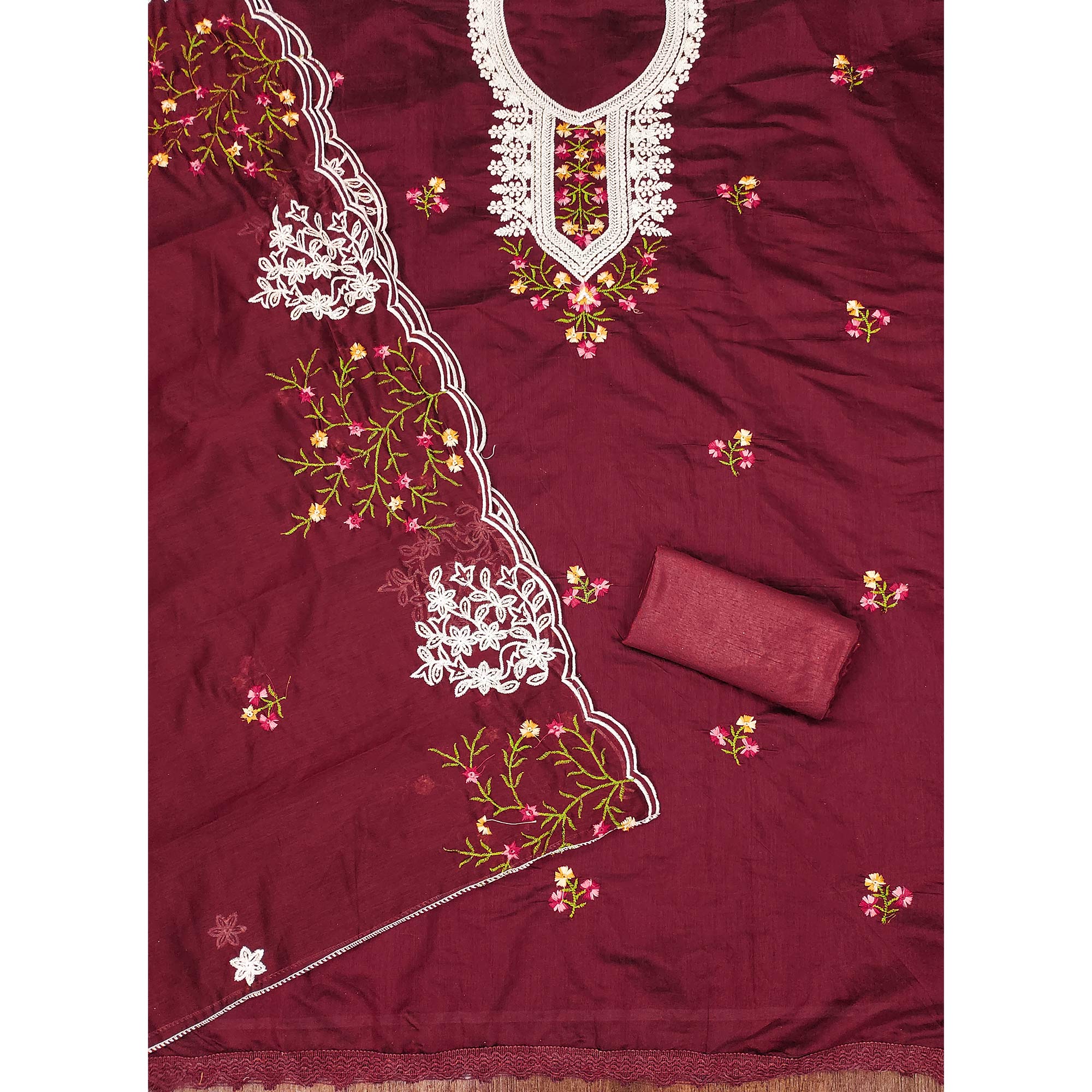 Maroon Floral Sequins Embroidered Chanderi Cotton Dress Material