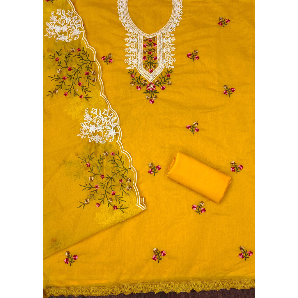 Mustard Floral Sequins Embroidered Chanderi Cotton Dress Material