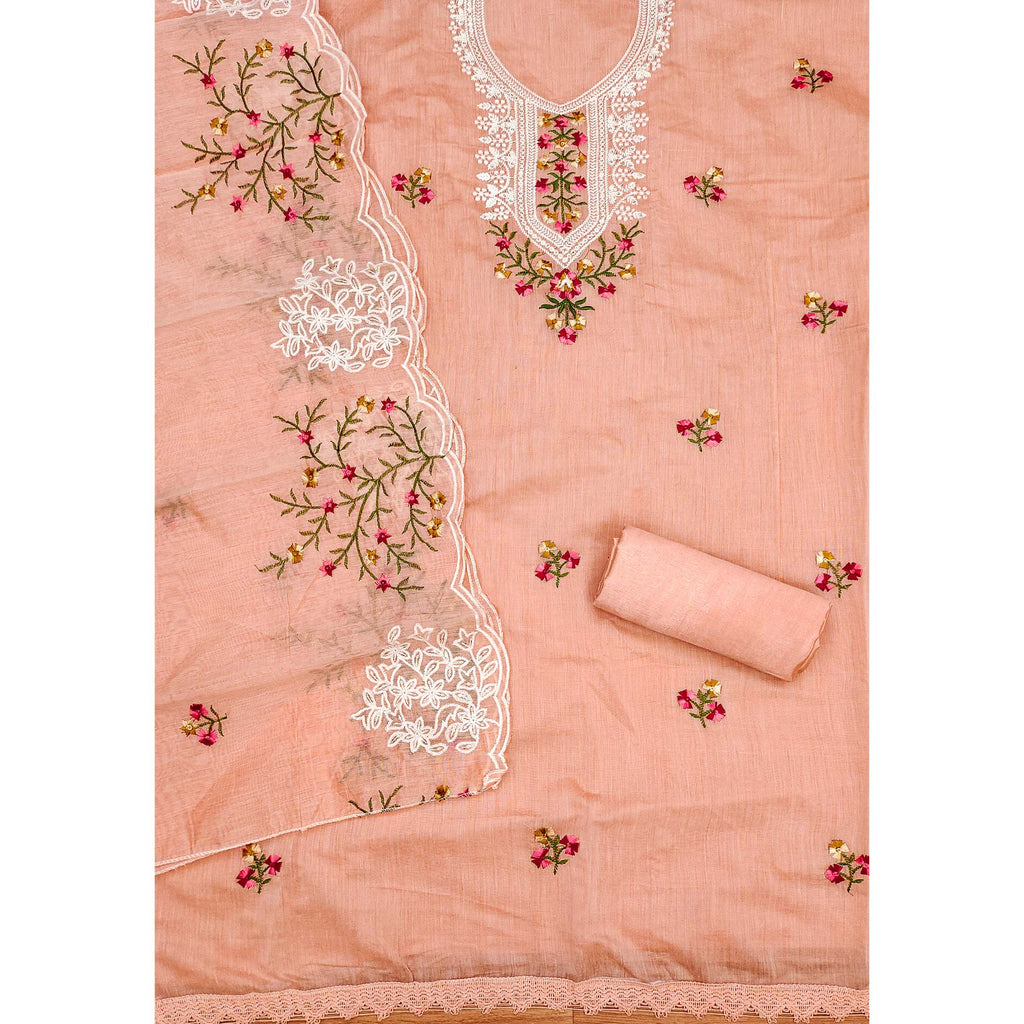 Peach Chanderi Cotton Dress Material With Elegant Floral Sequin Embroidery