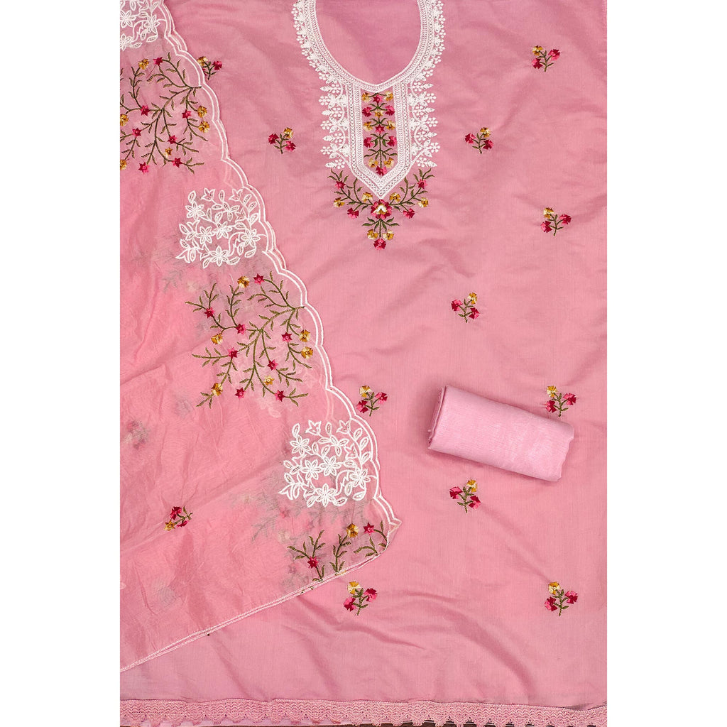 Pink Chanderi Cotton Dress Material With Elegant Floral Sequin Embroidery