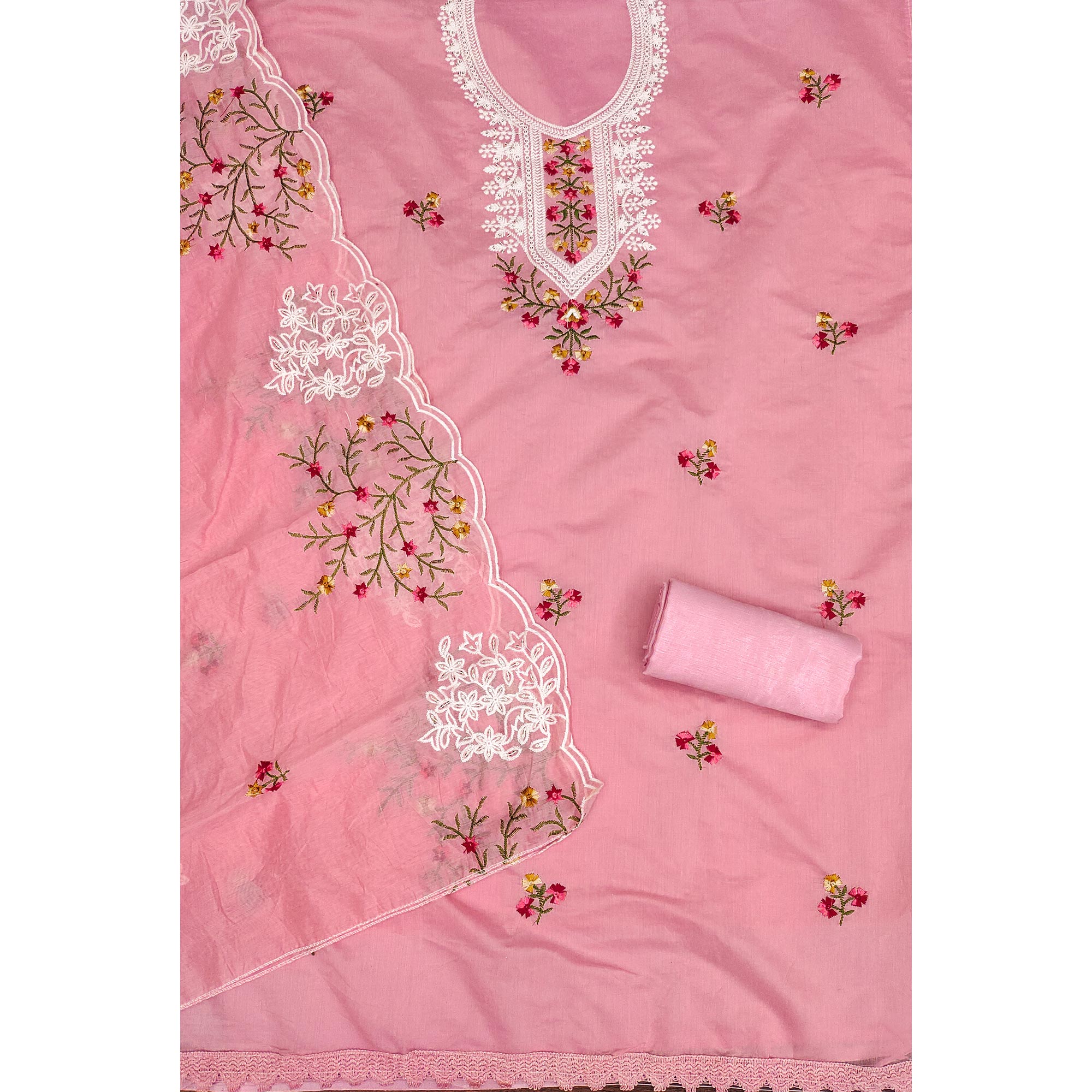 Pink Chanderi Cotton Dress Material With Elegant Floral Sequin Embroidery