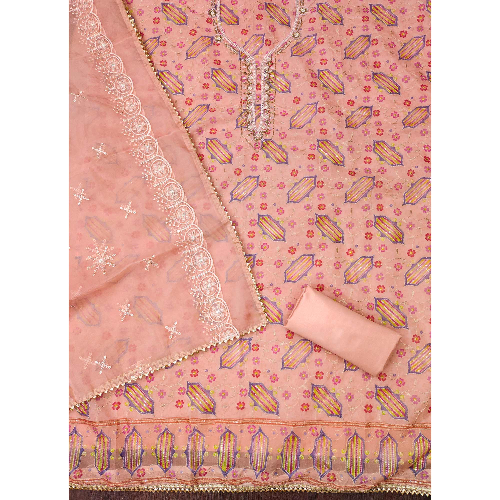 Peach Floral Embroidered With Handwork Organza Dress Material