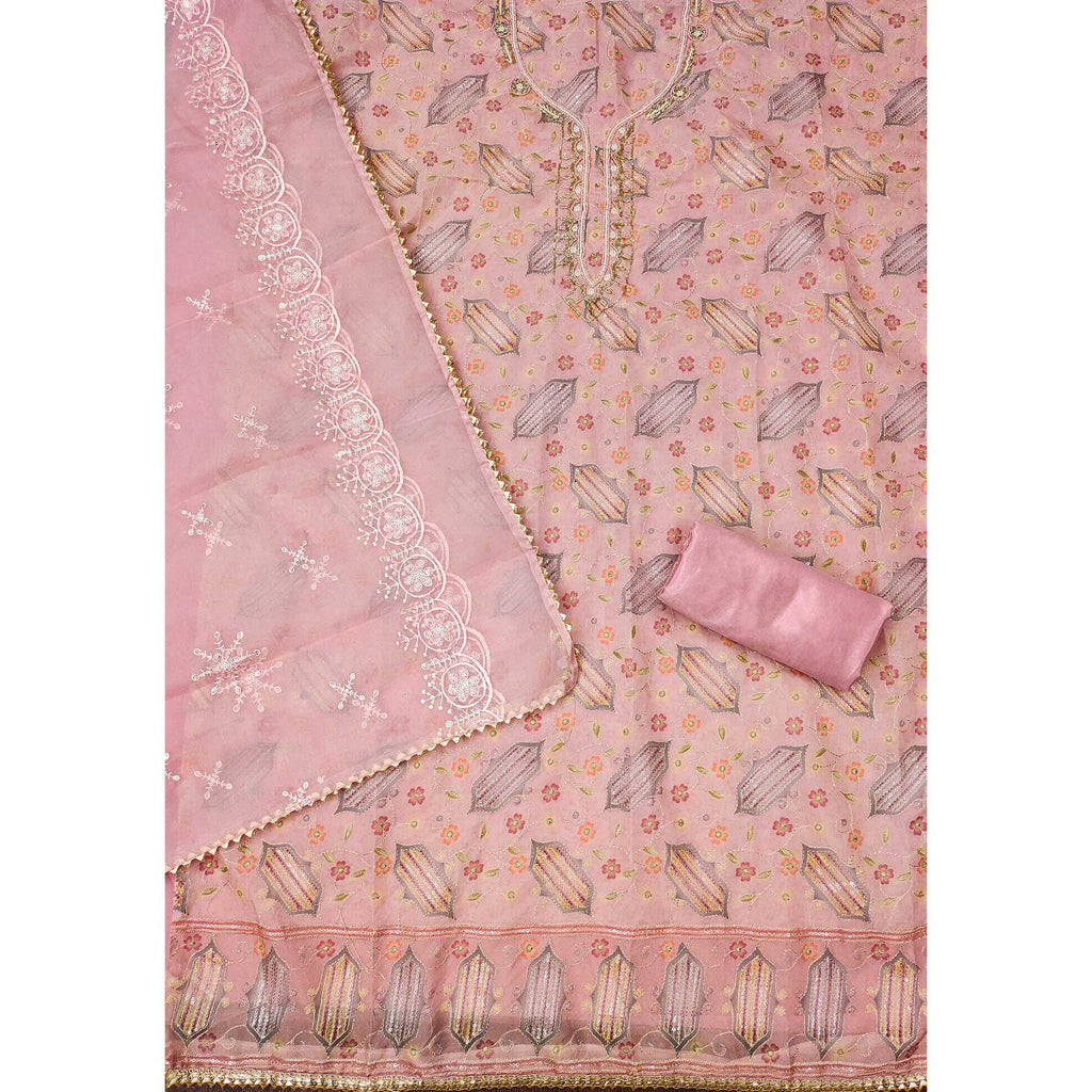 Pink Floral Embroidered With Handwork Organza Dress Material