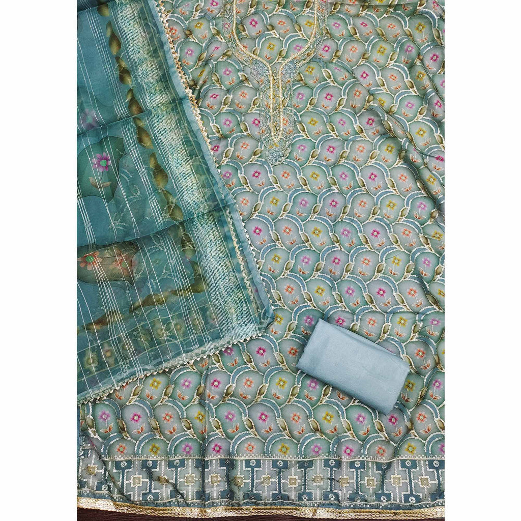 Blue Floral Printed Organza Dress Material With Sequins Embroidery & Handwork